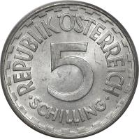 reverse of 5 Schilling (1952 - 1957) coin with KM# 2879 from Austria. Inscription: REPUBLIK ÖSTERREICH 5 · SCHILLING ·