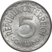 Austria coin 5 Schilling (1952 - 1957) reverse reverse of 5 Schilling (1952 - 1957) coin with KM# 2879 from Austria. Inscription: REPUBLIK ÖSTERREICH 5 · SCHILLING ·