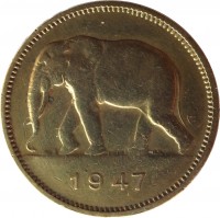 obverse of 2 Francs - Leopold III (1946 - 1947) coin with KM# 28 from Belgian Congo. Inscription: 1947