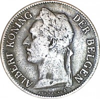 Belgian Congo coin 50 Centimes - Albert I - Dutch text (1921 - 1929) obverse obverse of 50 Centimes - Albert I - Dutch text (1921 - 1929) coin with KM# 23 from Belgian Congo. Inscription: ALBERT KONING DER BELGEN Jul. Lagae