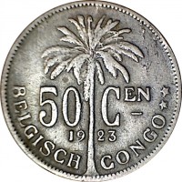 reverse of 50 Centimes - Albert I - Dutch text (1921 - 1929) coin with KM# 23 from Belgian Congo. Inscription: 50 CEN 1926 BELGISCH CONGO **
