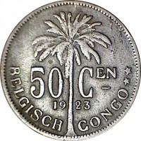 Belgian Congo coin 50 Centimes - Albert I - Dutch text (1921 - 1929) reverse reverse of 50 Centimes - Albert I - Dutch text (1921 - 1929) coin with KM# 23 from Belgian Congo. Inscription: 50 CEN 1926 BELGISCH CONGO **