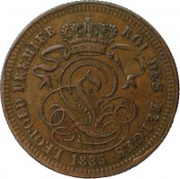 obverse of 2 Centimes - Leopold I (1833 - 1865) coin with KM# 4 from Belgium. Inscription: LEOPOLD PREMIER ROI DES BELGES 1835