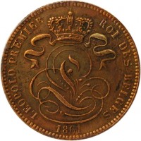 Belgium coin 1 Centime - Leopold I (1832 - 1863) obverse obverse of 1 Centime - Leopold I (1832 - 1863) coin with KM# 1 from Belgium. Inscription: LEOPOLD PREMIER ROI DES BELGES 1861