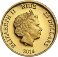 Niue coin 25 Dollars - Elizabeth II - Donald Duck: 80th Anniversary (2014) obverse obverse of 25 Dollars - Elizabeth II - Donald Duck: 80th Anniversary (2014) coin with KM# 1290 from Niue. Inscription: ELIZABETH II NIUE 25 DOLLARS IRB 2014