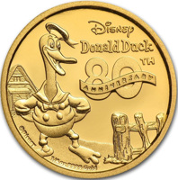 Niue coin 25 Dollars - Elizabeth II - Donald Duck: 80th Anniversary (2014) reverse reverse of 25 Dollars - Elizabeth II - Donald Duck: 80th Anniversary (2014) coin with KM# 1290 from Niue. Inscription: Disney Donald Duck TH 80 ANNIVERSARY ©Disney 1/4 oz 9999 Gold