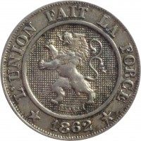 obverse of 10 Centimes - Leopold I (1861 - 1864) coin with KM# 22 from Belgium. Inscription: L'UNION FAIT LA FORCE BRAEMT * 1862 *