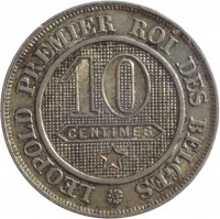 reverse of 10 Centimes - Leopold I (1861 - 1864) coin with KM# 22 from Belgium. Inscription: LEOPOLD PREMIER ROI DES BELGES 10 CENTIMES *
