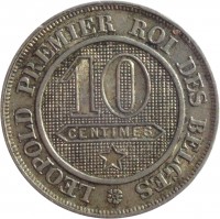 Belgium coin 10 Centimes - Leopold I (1861 - 1864) reverse reverse of 10 Centimes - Leopold I (1861 - 1864) coin with KM# 22 from Belgium. Inscription: LEOPOLD PREMIER ROI DES BELGES 10 CENTIMES *
