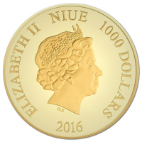 Niue coin 1000 Dollars - Elizabeth II - Gracia Patricia: 60th Wedding Anniversary (2016) obverse obverse of 1000 Dollars - Elizabeth II - Gracia Patricia: 60th Wedding Anniversary (2016) coin from Niue. Inscription: ELIZABETH II NIUE 1000 DOLLARS IRB 2016