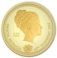 reverse of 1000 Dollars - Elizabeth II - Gracia Patricia: 60th Wedding Anniversary (2016) coin from Niue. Inscription: 5 OZ AU 999,9 GRACIA PATRICIA 60TH WEDDING DAY