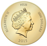 obverse of 1000 Dollars - Elizabeth II - Dresden Frauenkirche 10th Anniversary Benediction (2015) coin from Niue. Inscription: ELIZABETH II NIUE 1000 DOLLARS IRB 2015