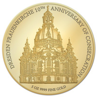 reverse of 1000 Dollars - Elizabeth II - Dresden Frauenkirche 10th Anniversary Benediction (2015) coin from Niue. Inscription: DRESDEN FRAUENKIRCHE 10TH ANNIVERSARY OF CONSECRATION 5 OZ 9999 FINE GOLD