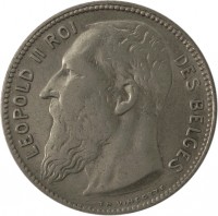 obverse of 1 Franc - Leopold II - French text (1904 - 1909) coin with KM# 56 from Belgium. Inscription: LEOPOLD II ROI DES BELGES TH. VINÇOTTE