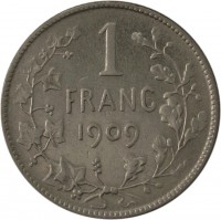 reverse of 1 Franc - Leopold II - French text (1904 - 1909) coin with KM# 56 from Belgium. Inscription: 1 FRANC 1909