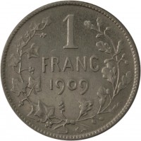Belgium coin 1 Franc - Leopold II - French text (1904 - 1909) reverse reverse of 1 Franc - Leopold II - French text (1904 - 1909) coin with KM# 56 from Belgium. Inscription: 1 FRANC 1909