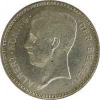 obverse of 20 Francs - Albert I - Dutch text (1933 - 1934) coin with KM# 104 from Belgium. Inscription: · ALBERT · KONING · · DER · BELGEN · Devreese