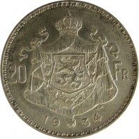 reverse of 20 Francs - Albert I - Dutch text (1933 - 1934) coin with KM# 104 from Belgium. Inscription: 20 FR 1934 G.D
