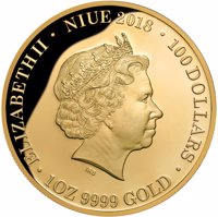 obverse of 100 Dollars - Elizabeth II - Royal Wedding of HRH Prince Henry Harry of Wales and Ms. Meghan Markle (2018) coin from Niue. Inscription: · ELIZABETH II · NIUE 2018 · 100 DOLLARS · IRB 1 OZ 9999 GOLD