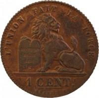 Belgium coin 1 Centime - Albert I - French text (1912 - 1914) reverse reverse of 1 Centime - Albert I - French text (1912 - 1914) coin with KM# 76 from Belgium. Inscription: L'UNION FAIT LA FORCE CONSTITUTION BELGE 1831 * 1 CENTe. BRAEMT F.