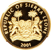obverse of 250 Dollars - Cheetah (2001) coin from Sierra Leone. Inscription: REPUBLIC OF SIERRA LEONE UNITY FREEDOM JUSTICE PM 2001