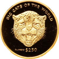 Sierra Leone coin 250 Dollars - Cheetah (2001) reverse reverse of 250 Dollars - Cheetah (2001) coin from Sierra Leone. Inscription: BIG CATS OF THE WORLD Au.999·9 $250