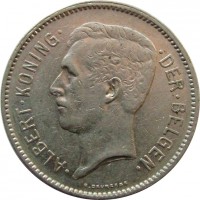Belgium coin 1 Belga / 5 Francs - Albert I - Dutch text (1930 - 1933) obverse obverse of 1 Belga / 5 Francs - Albert I - Dutch text (1930 - 1933) coin with KM# 98 from Belgium. Inscription: ALBERT KONING DER BELGEN G. Devreese
