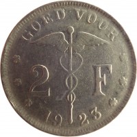 reverse of 2 Francs - Albert I - Dutch text (1923 - 1930) coin with KM# 92 from Belgium. Inscription: GOED VOOR 2 F 19 23