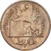 reverse of 20 Francs - Baudouin I - French text (1949 - 1955) coin with KM# 140 from Belgium. Inscription: 20 F BELGIQUE