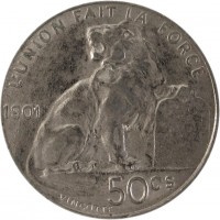 reverse of 50 Centimes - Leopold II - French text (1901) coin with KM# 50 from Belgium. Inscription: L'UNION FAIT LA FORCE 50 CS 1901 VINCOTTE