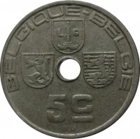 reverse of 5 Centimes - Leopold III - BELGIQUE-BELGIE (1938 - 1939) coin with KM# 110 from Belgium. Inscription: BELGIQUE-BELGIE 5c O.J.