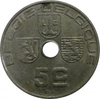 reverse of 5 Centimes - Leopold III - BELGIE-BELGIQUE (1939 - 1940) coin with KM# 111 from Belgium. Inscription: BELGIE-BELGIQUE 5c O.J.