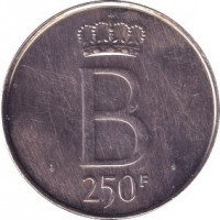 reverse of 250 Francs - Baudouin I - 25th Anniversary of Accession - French text (1976) coin with KM# 157 from Belgium. Inscription: B 250F