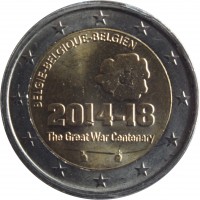 Belgium coin 2 Euro - Philippe - 100th anniversary of the beginning of the WWI (2014) obverse obverse of 2 Euro - Philippe - 100th anniversary of the beginning of the WWI (2014) coin with KM# 345 from Belgium. Inscription: BELGIE - BELGIQUE - BELGIEN 2014-18 The Great War Centenary