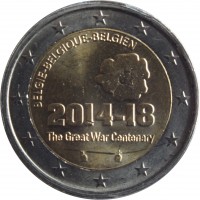 obverse of 2 Euro - Philippe - 100th anniversary of the beginning of the WWI (2014) coin with KM# 345 from Belgium. Inscription: BELGIE - BELGIQUE - BELGIEN 2014-18 The Great War Centenary