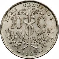 reverse of 10 Centavos (1893 - 1919) coin with KM# 174 from Bolivia. Inscription: DIEZ CENTAVOS 10 C 1902