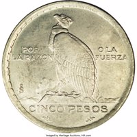 obverse of 5 Pesos (1938) coin from Chile. Inscription: POR LA RAZON O LA FUERZA So CINCO PESOS