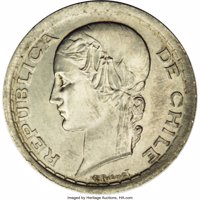 Chile coin 5 Pesos (1938) reverse reverse of 5 Pesos (1938) coin from Chile. Inscription: REPUBLICA DE CHILE R. THENOT