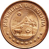 obverse of 10 Centavos (1965 - 1973) coin with KM# 188 from Bolivia. Inscription: REPUBLICA DE BOLIVIA **********