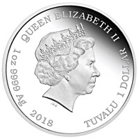 obverse of 1 Dollar - Elizabeth II - 50 Years of Hot Wheels (2018) coin from Tuvalu. Inscription: QUEEN ELIZABETH II IRB 1 oz Ag 9999 Ag 2018 TUVALU 1 DOLLAR