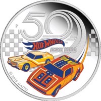 Tuvalu coin 1 Dollar - Elizabeth II - 50 Years of Hot Wheels (2018) reverse reverse of 1 Dollar - Elizabeth II - 50 Years of Hot Wheels (2018) coin from Tuvalu. Inscription: P 50 HOT WHEELS EST. 1968 © 2018 MATTEL