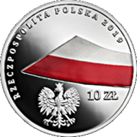 obverse of 10 Złotych - 100th Anniversary of the National Flag of Poland (2019) coin from Poland. Inscription: RZECPOSPOLITA POLSKA 2019 10 ZŁ mw