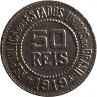 obverse of 50 Réis (1918 - 1935) coin with KM# 517 from Brazil. Inscription: REPUBLICA DOS ESTADOS UNIDOS DO BRAZIL 50 RÉIS * 1919 *