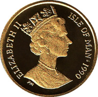 obverse of 1/25 Crown - Elizabeth II - New York Alley Cat (1990) coin with KM# 277 from Isle of Man. Inscription: ELIZABETH II ISLE OF MAN·1990 PM