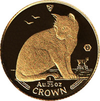 reverse of 1/25 Crown - Elizabeth II - New York Alley Cat (1990) coin with KM# 277 from Isle of Man. Inscription: Au. 1/25 oz CROWN