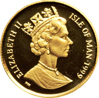 obverse of 1/25 Crown - Elizabeth II - Blue British Short Hair Cat (1999) coin with KM# 958 from Isle of Man. Inscription: ELIZABETH II ISLE OF MAN·1999