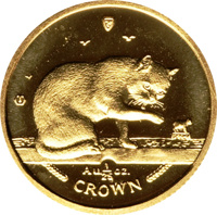 reverse of 1/25 Crown - Elizabeth II - Blue British Short Hair Cat (1999) coin with KM# 958 from Isle of Man. Inscription: 999·9 Au1/25 oz. CROWN