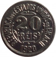 obverse of 20 Réis (1918 - 1935) coin with KM# 516 from Brazil. Inscription: REPUBLICA DOS ESTADOS UNIDOS DO BRASIL 20 RÉIS 1920