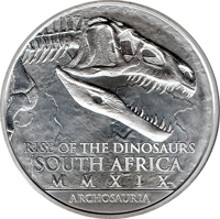 obverse of 25 Rand - Euparkeria (2019) coin from South Africa. Inscription: RISE OF THE DINOSAURS SOUTH AFRICA M M X I X ARCHOSAURIA