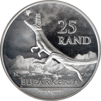 reverse of 25 Rand - Euparkeria (2019) coin from South Africa. Inscription: 25 RAND NATURA EUPARKERIA